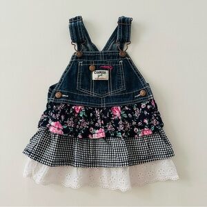 OshKosh 18 Months Baby Girl Denim Floral Tiered Skirt Overall Dress Ruffle